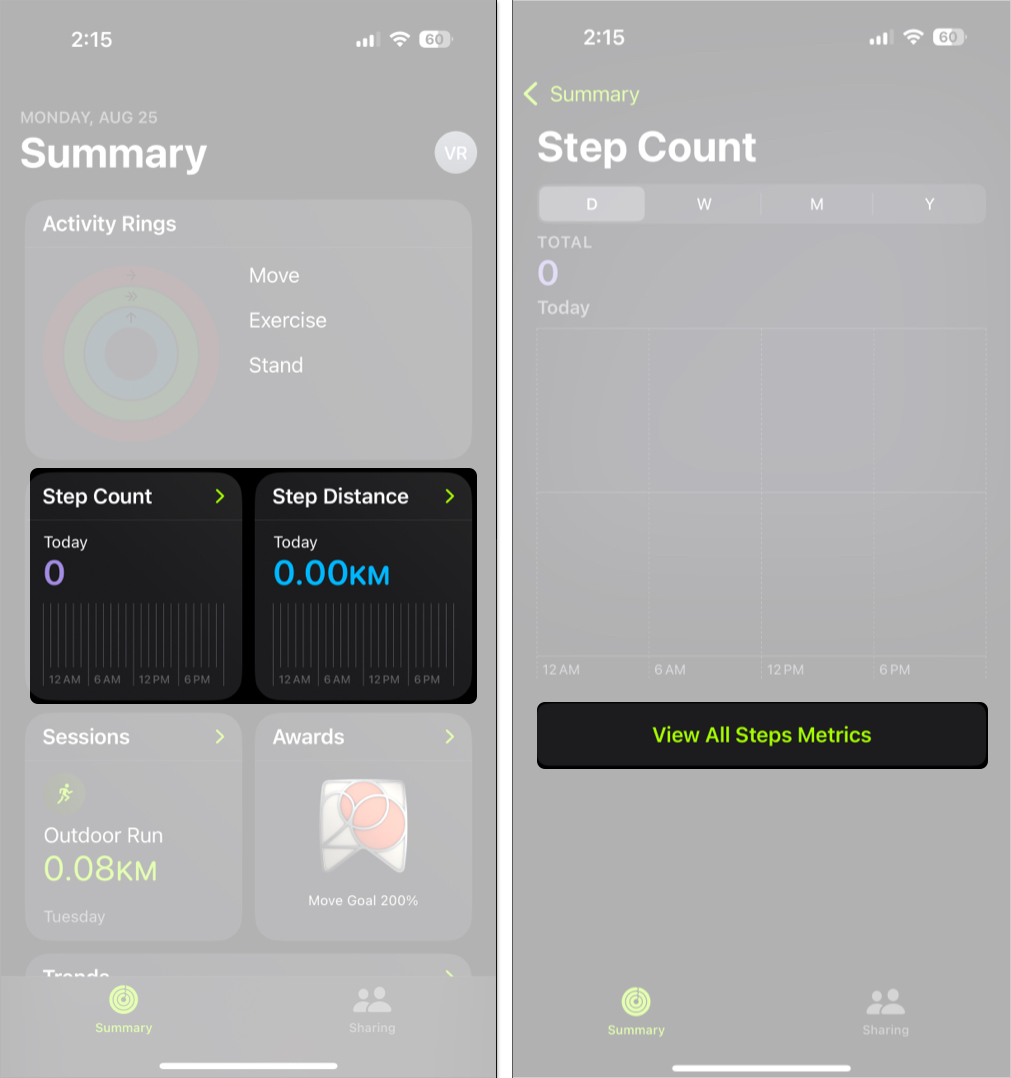 Open fitness app then tap show all steps metrics