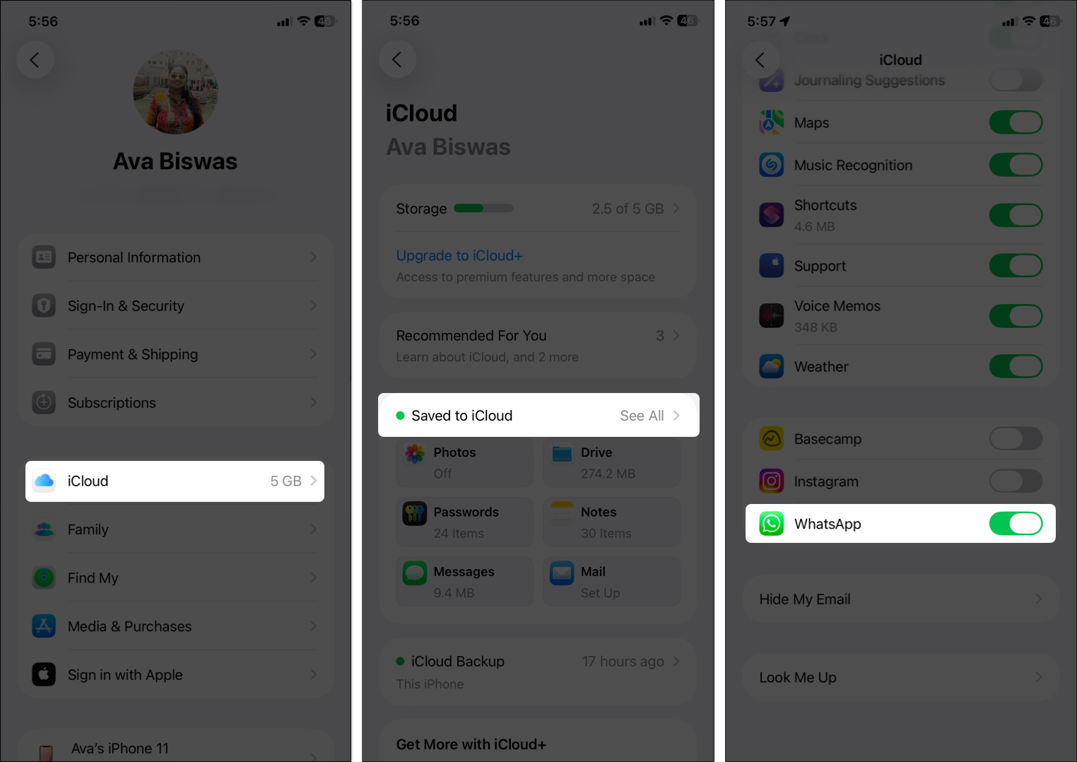 Open iCloud settings in iPhone settings and toggle on WhatsApp