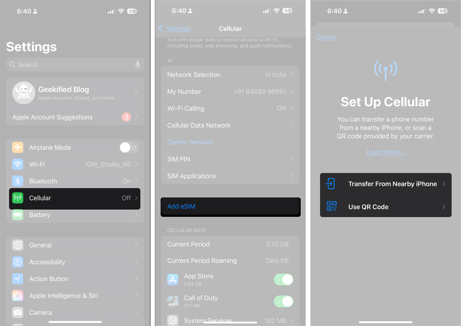 Open settings select cellular option to set up esim on iPhone