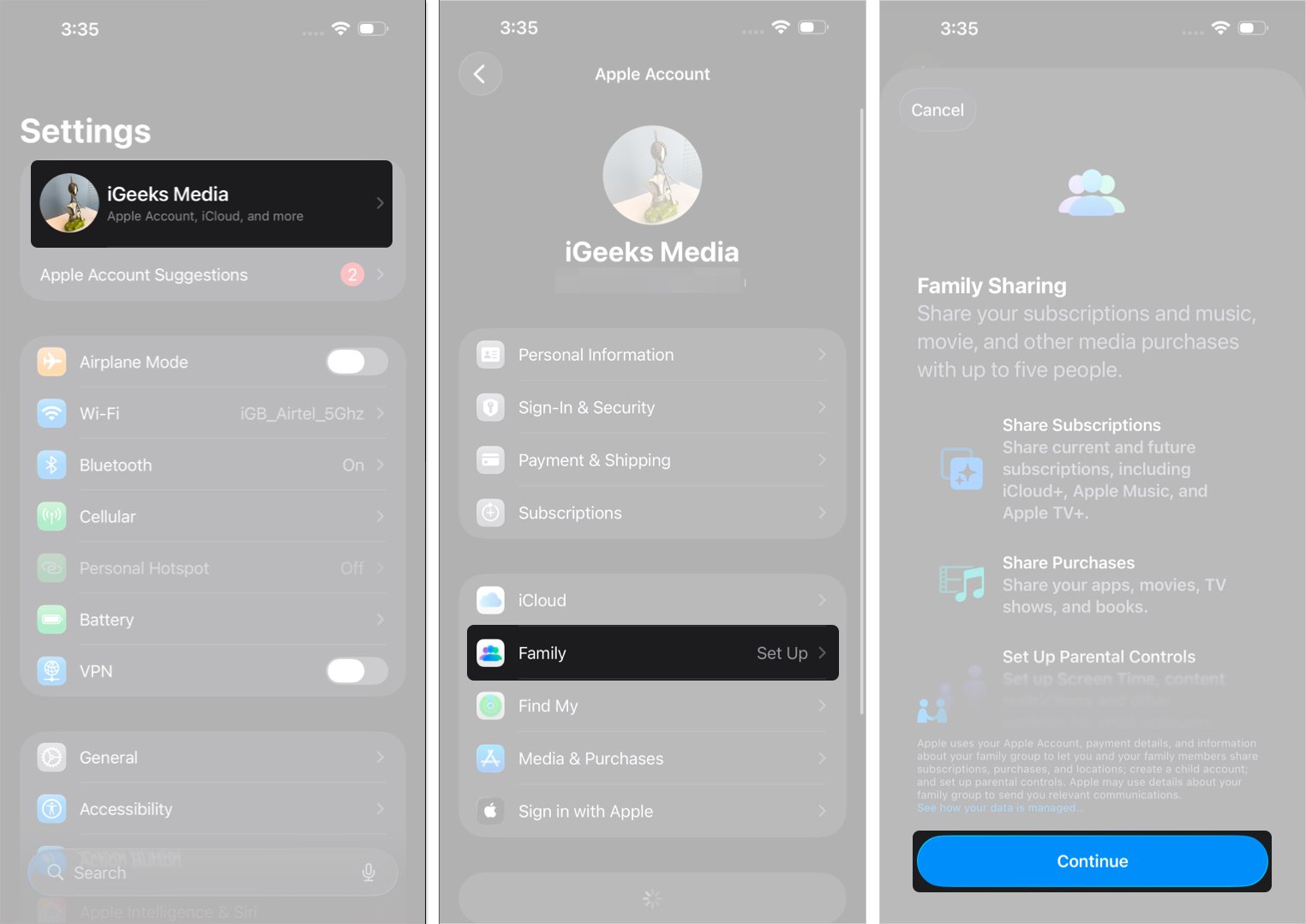 Set up family sharing on the iphone