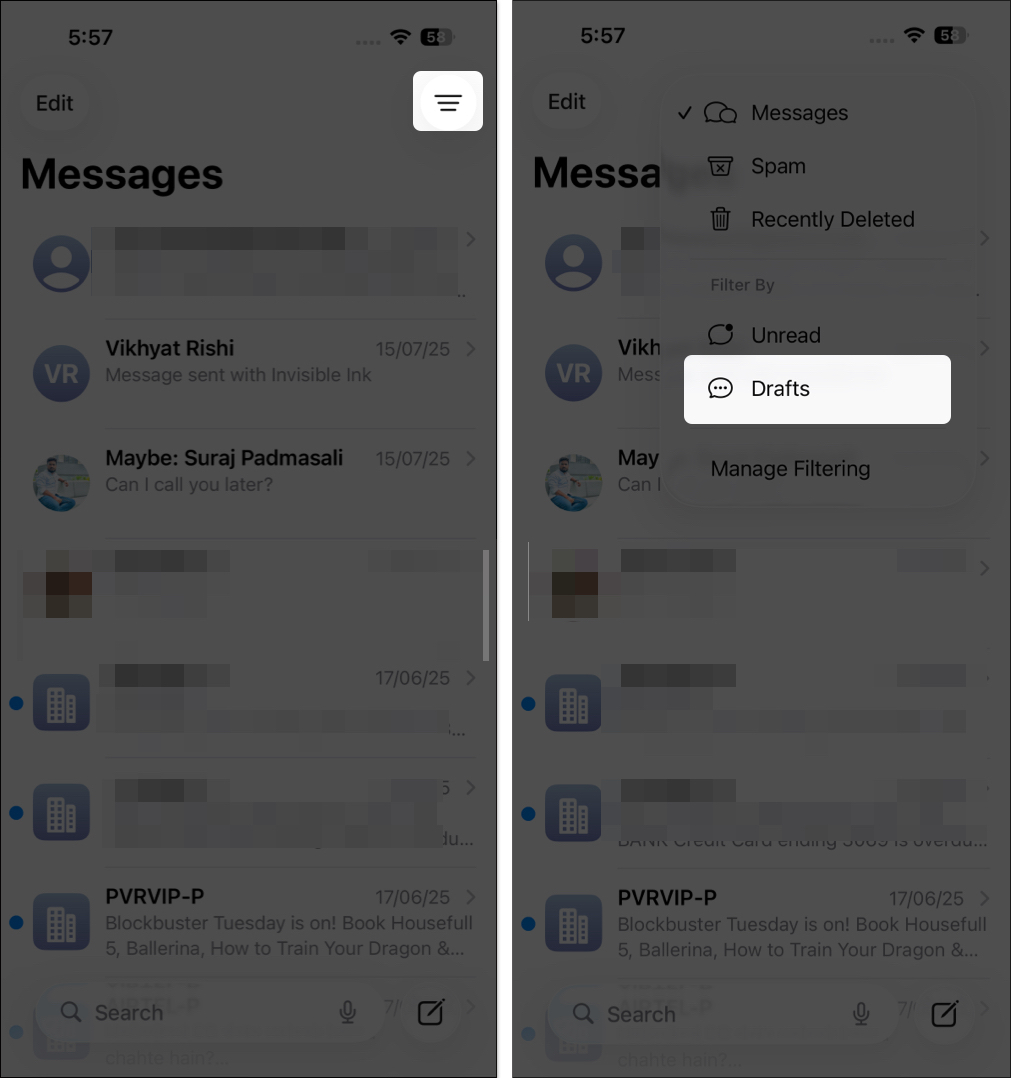Tap on filter icon and select draft from menu