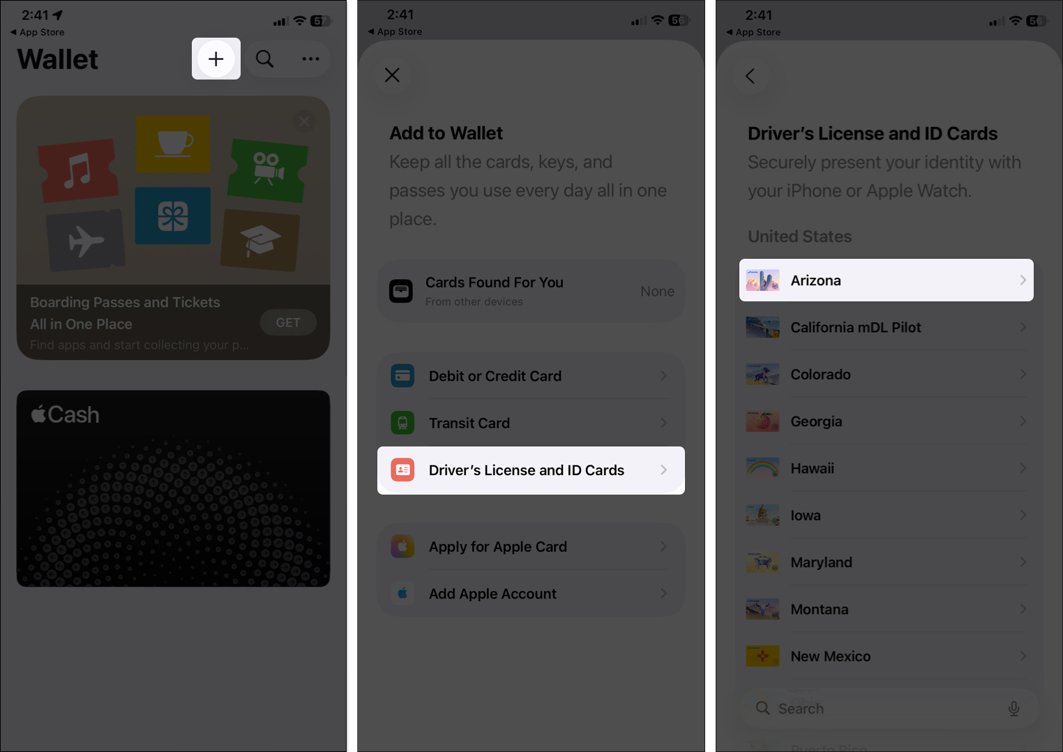 Tap on plus sign to add driver license and state
