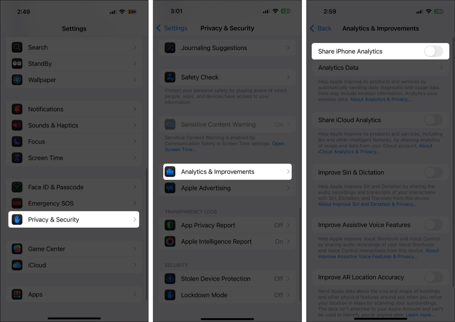 Toggle off share iphone analytics in iphone settings