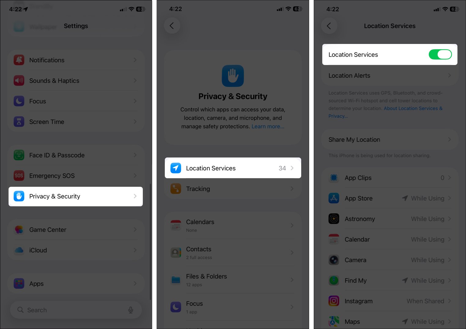 Turn on location services from iphone settings