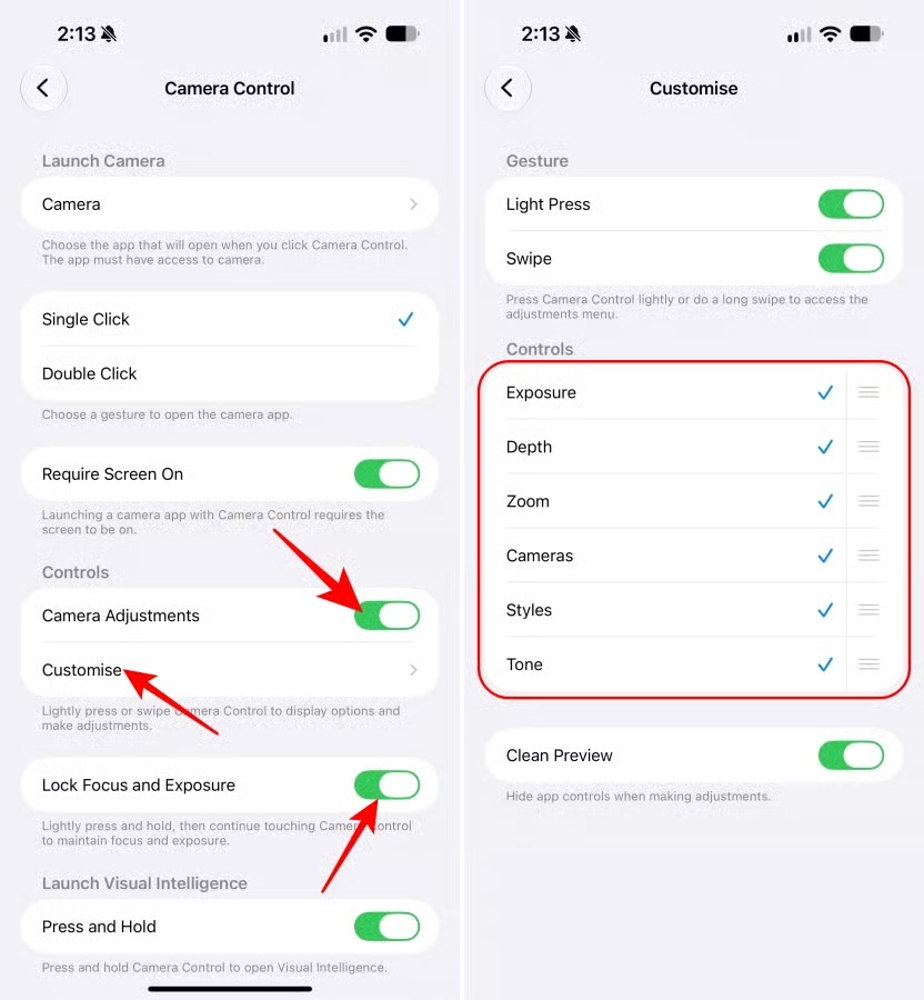 Camera Adjustments and Lock Focus and Exposure settings