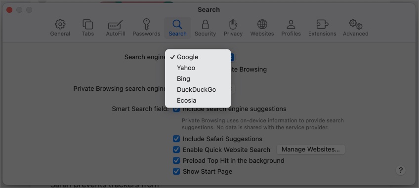 Click the drop-down menu next to the Search engine option to select your choice