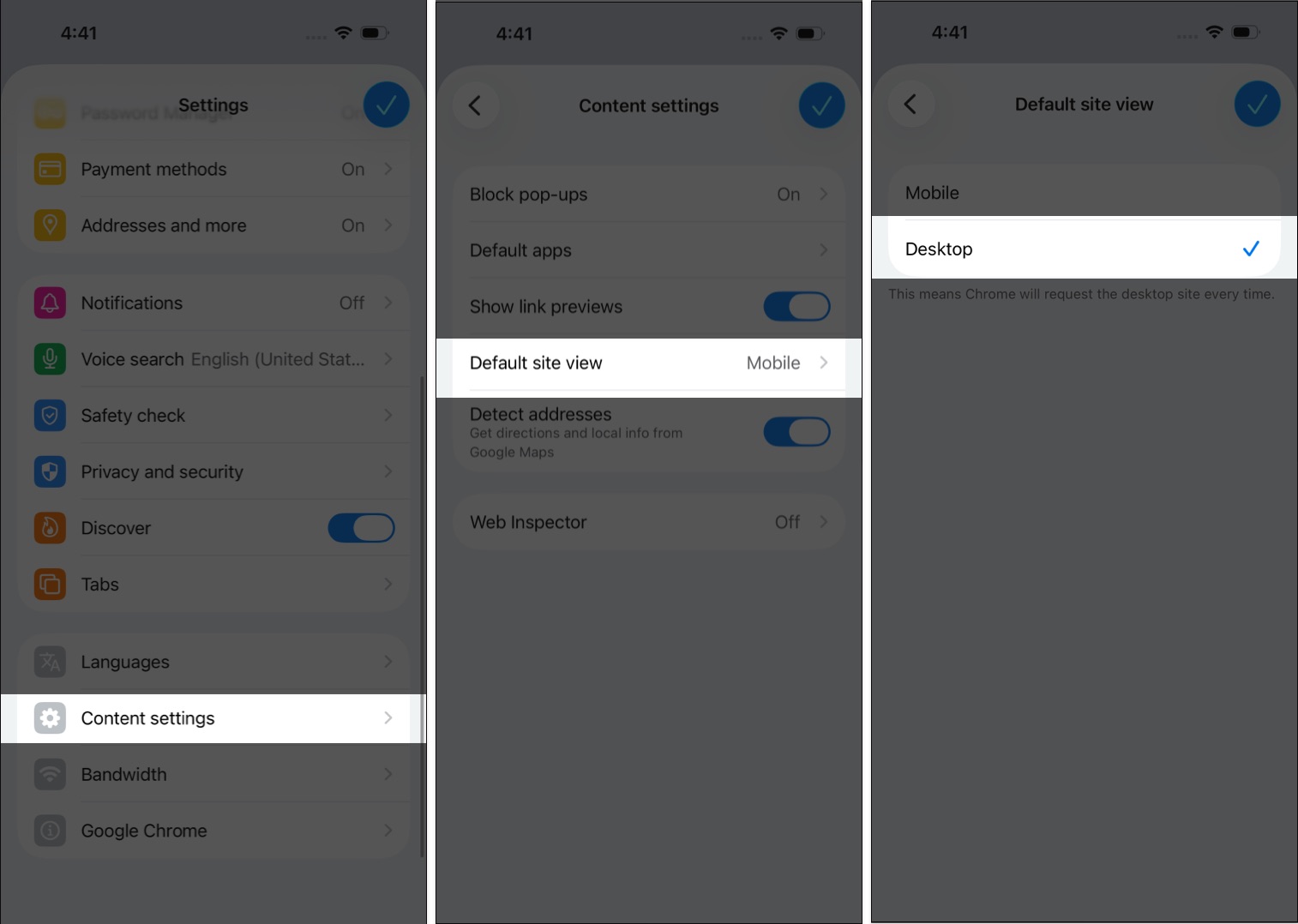 How to Request the Desktop Site on iPhone (Safari, Chrome and Firefox) – iGeeksBlog Open Chrome Settings and set Default Site View to Desktop