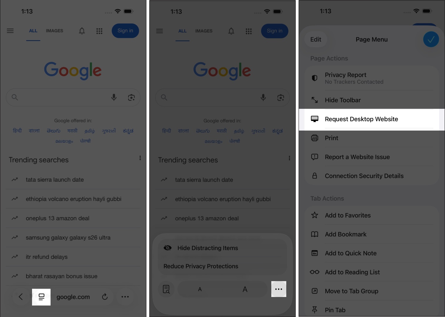 Open Safari tap the Reader icon open three-dot menu and select Request Desktop Website