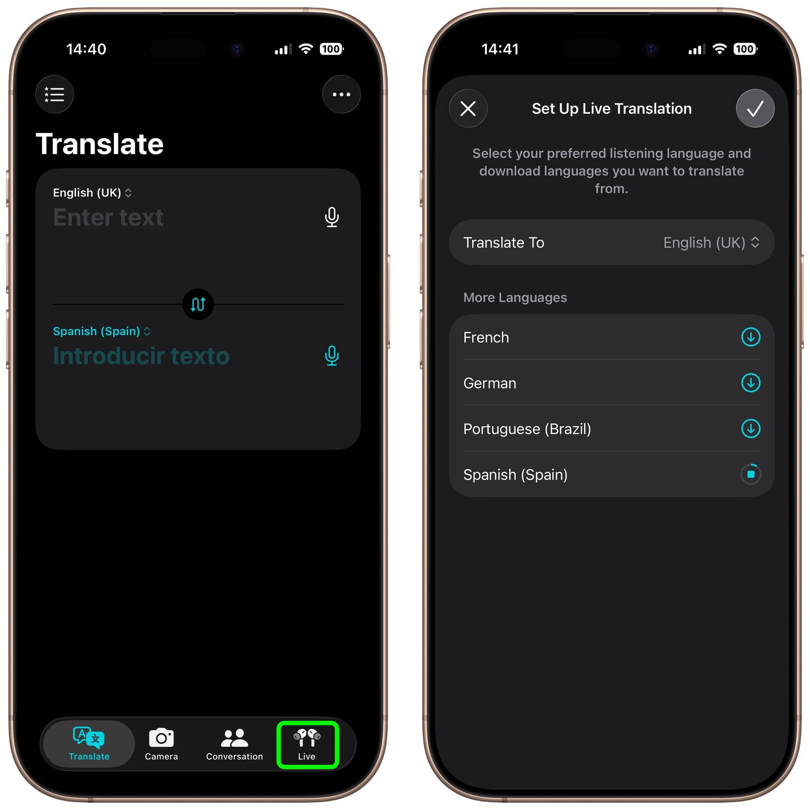 Set up live translation on airpods
