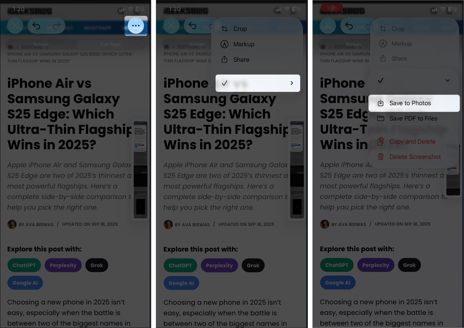 Tap three dot icon then save your screenshots in photos