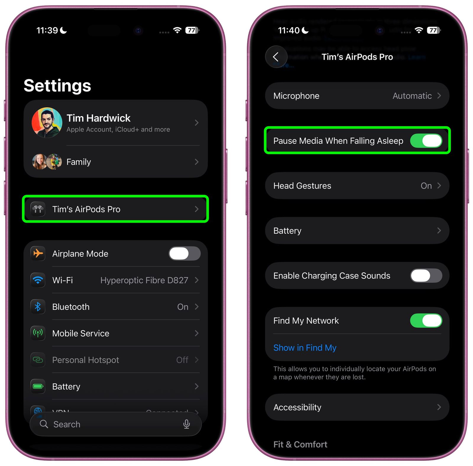 Toggle on the Pause Media When Falling Sleep