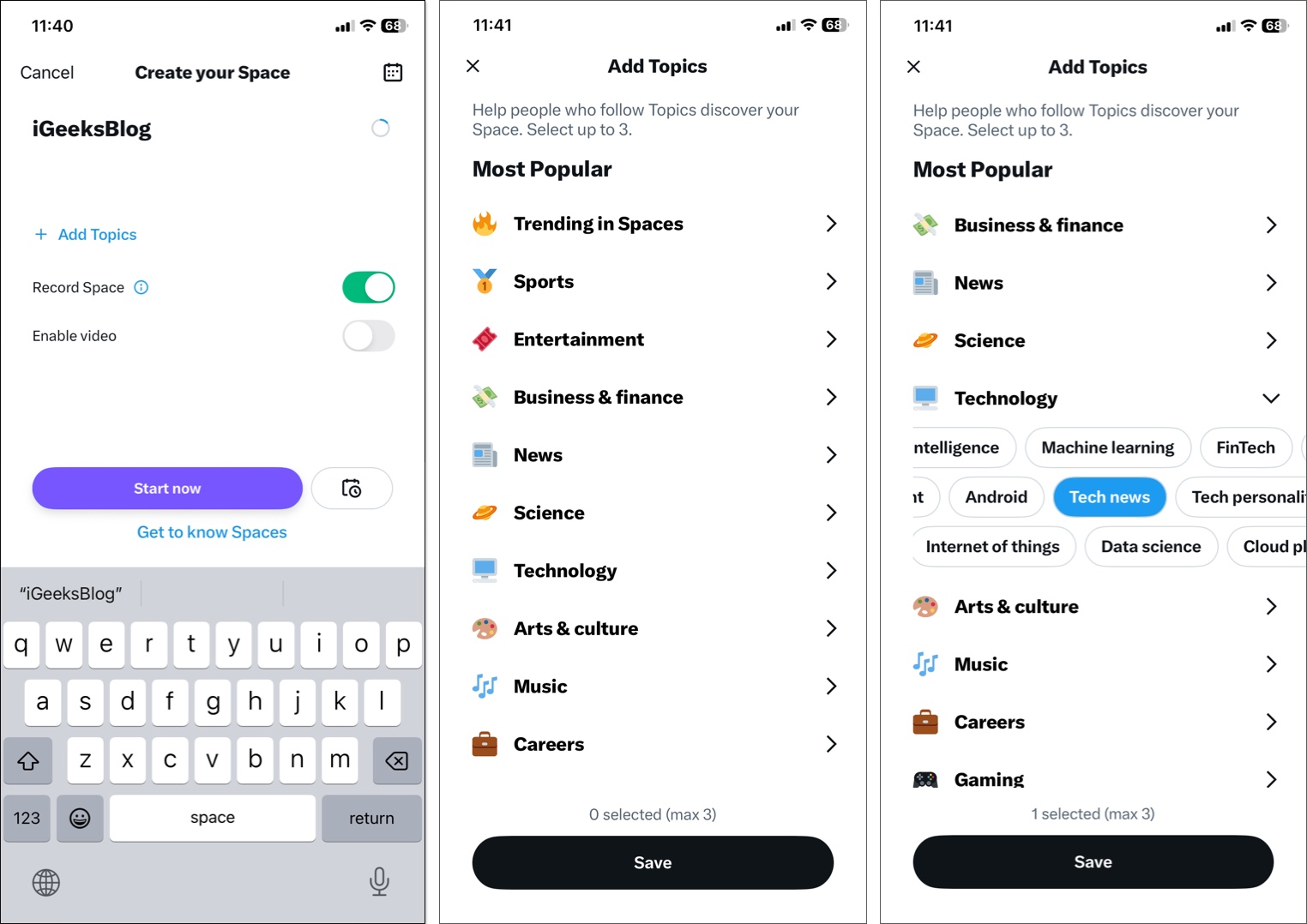 Add topics then tap save button to create space