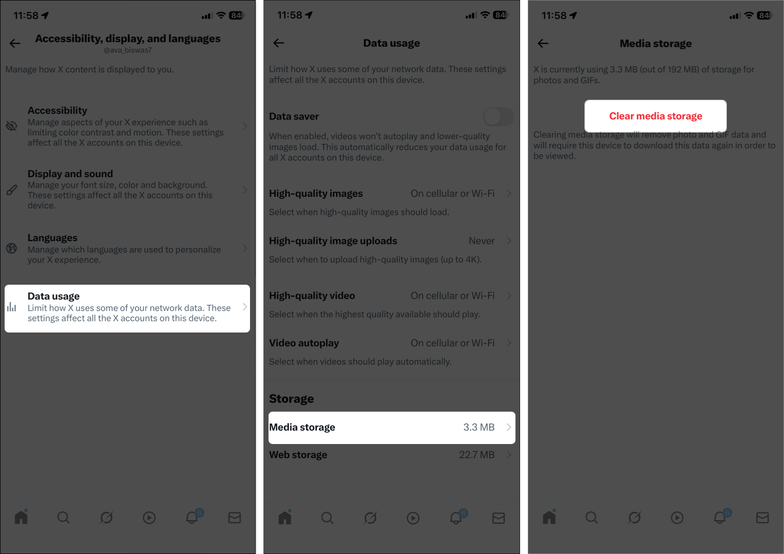 Clear media storage on X app