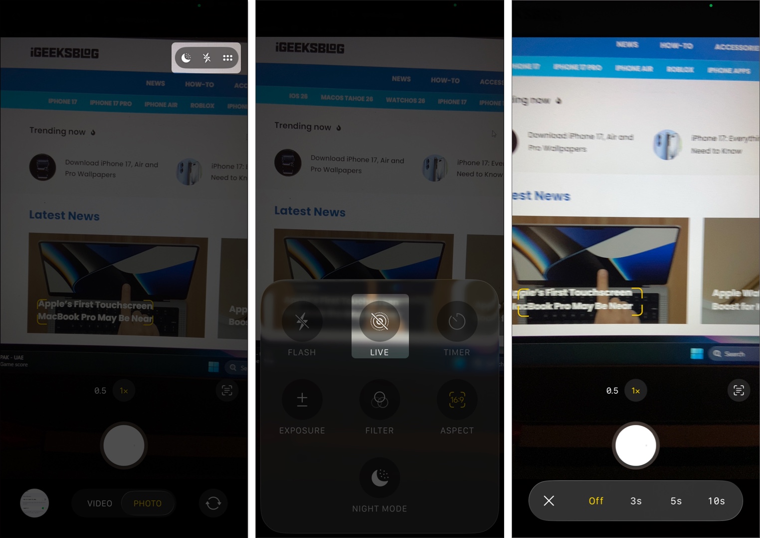Customize flash live photos and timer settings