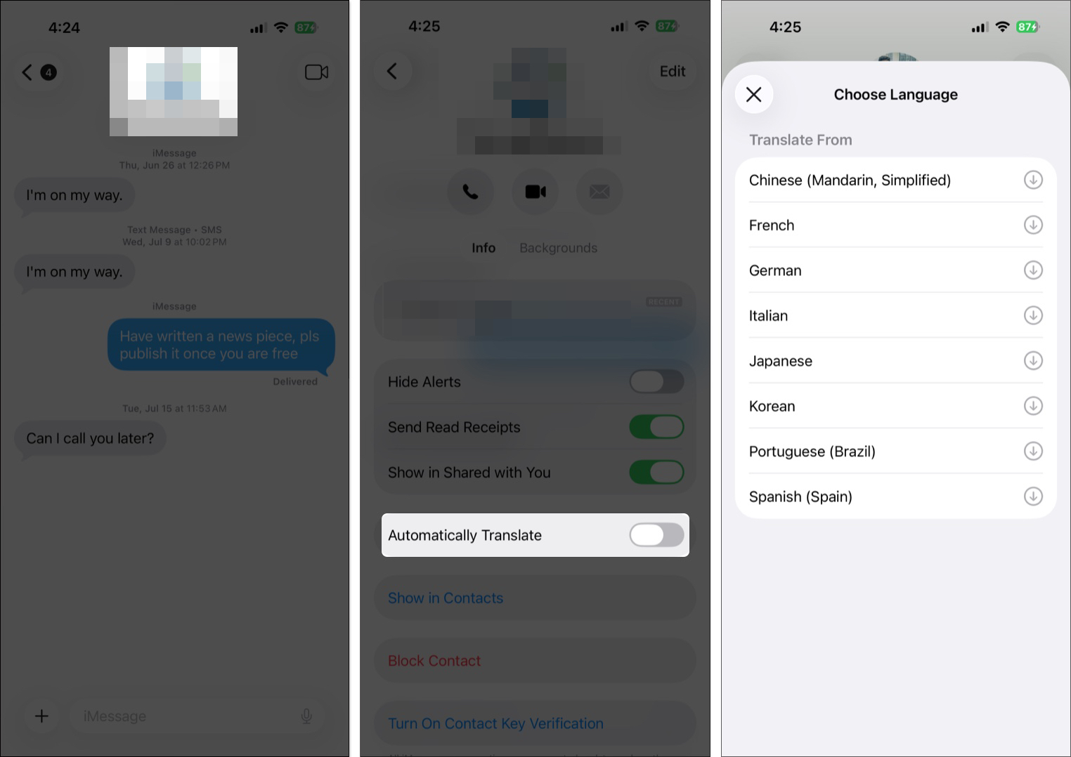 Enable live translation in messages