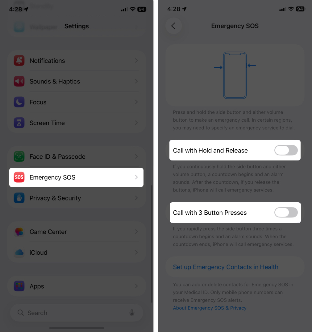 Open Emergency SOS then toggle off both options