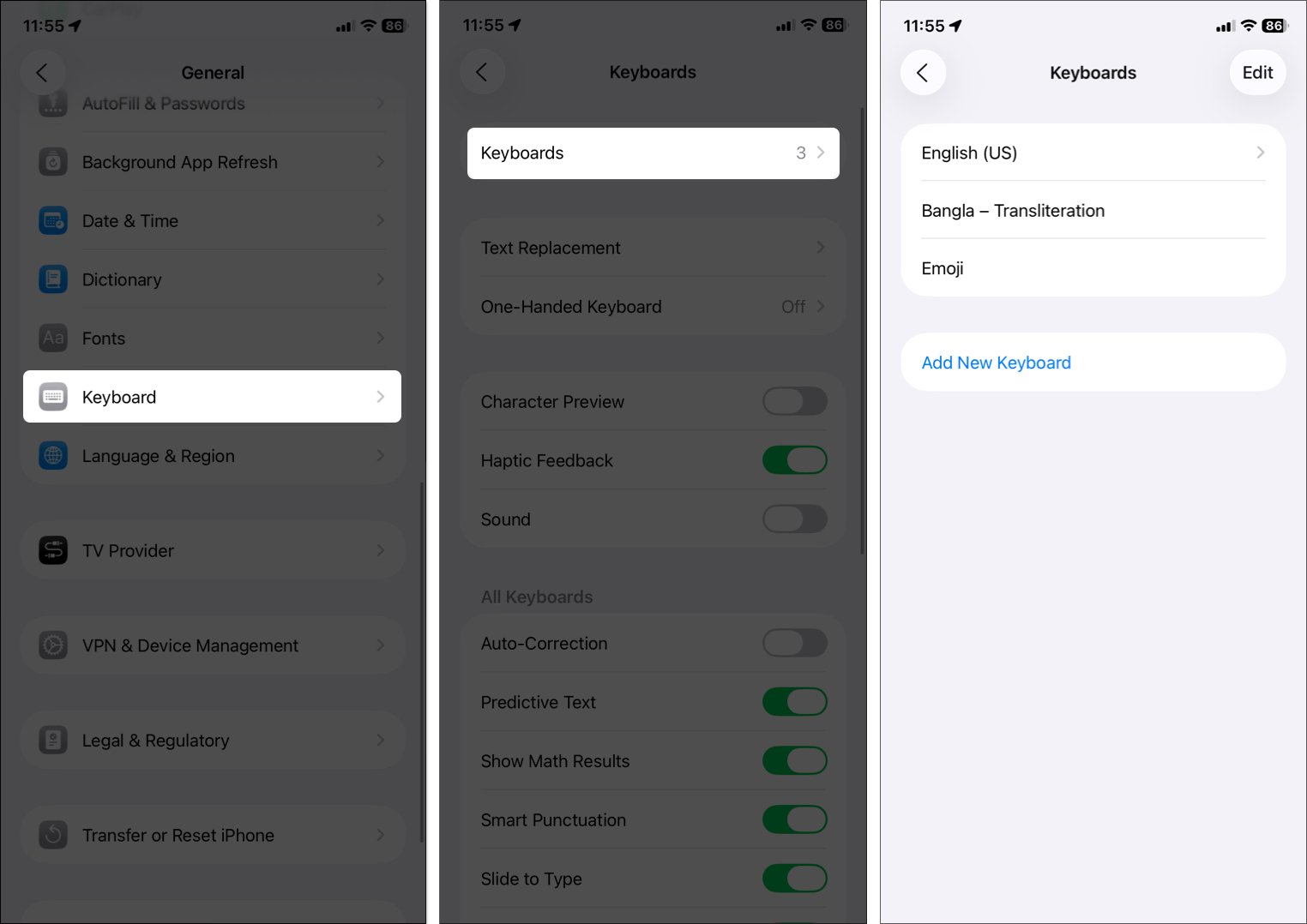 Open keyboard setting to check default keyboard is active on iPhone