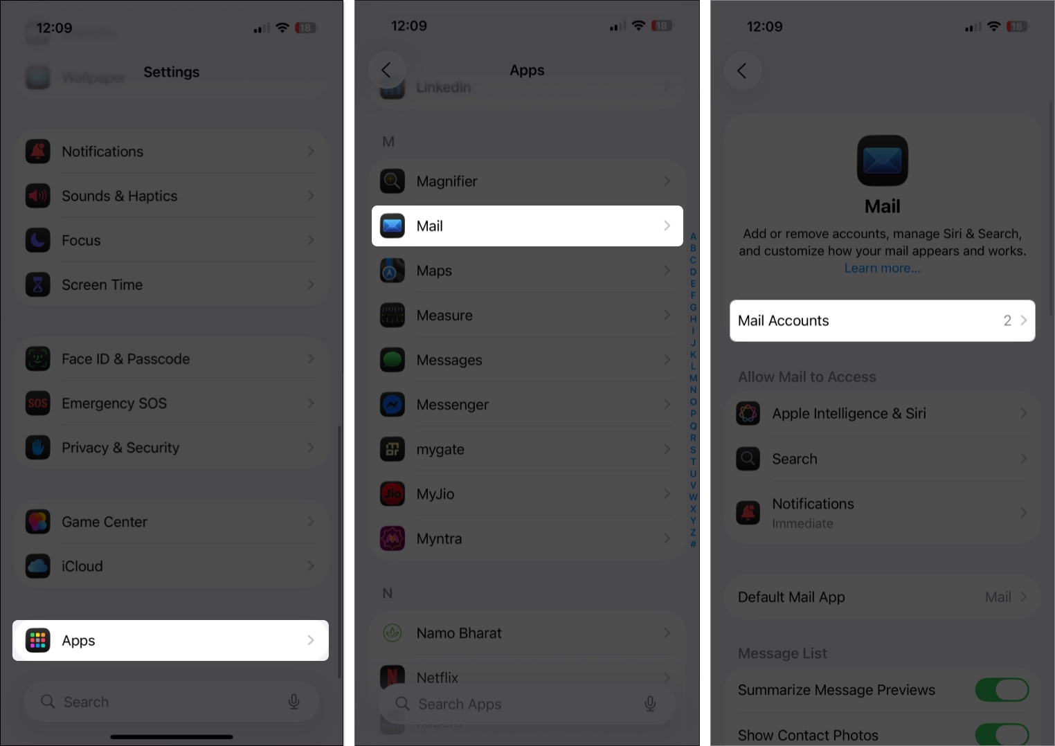 Open mail accounts from mail app on iPhone settings