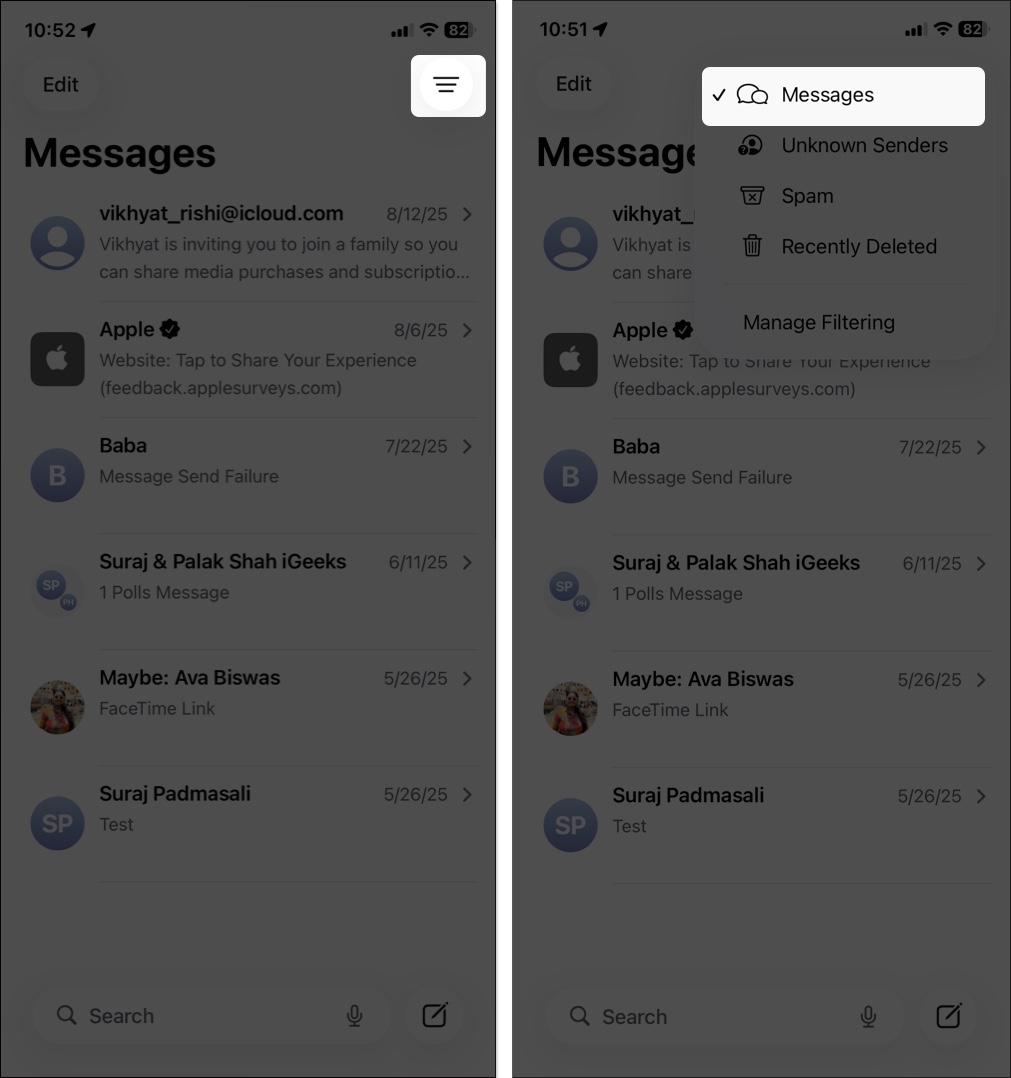Open message app tap filter icon select messages