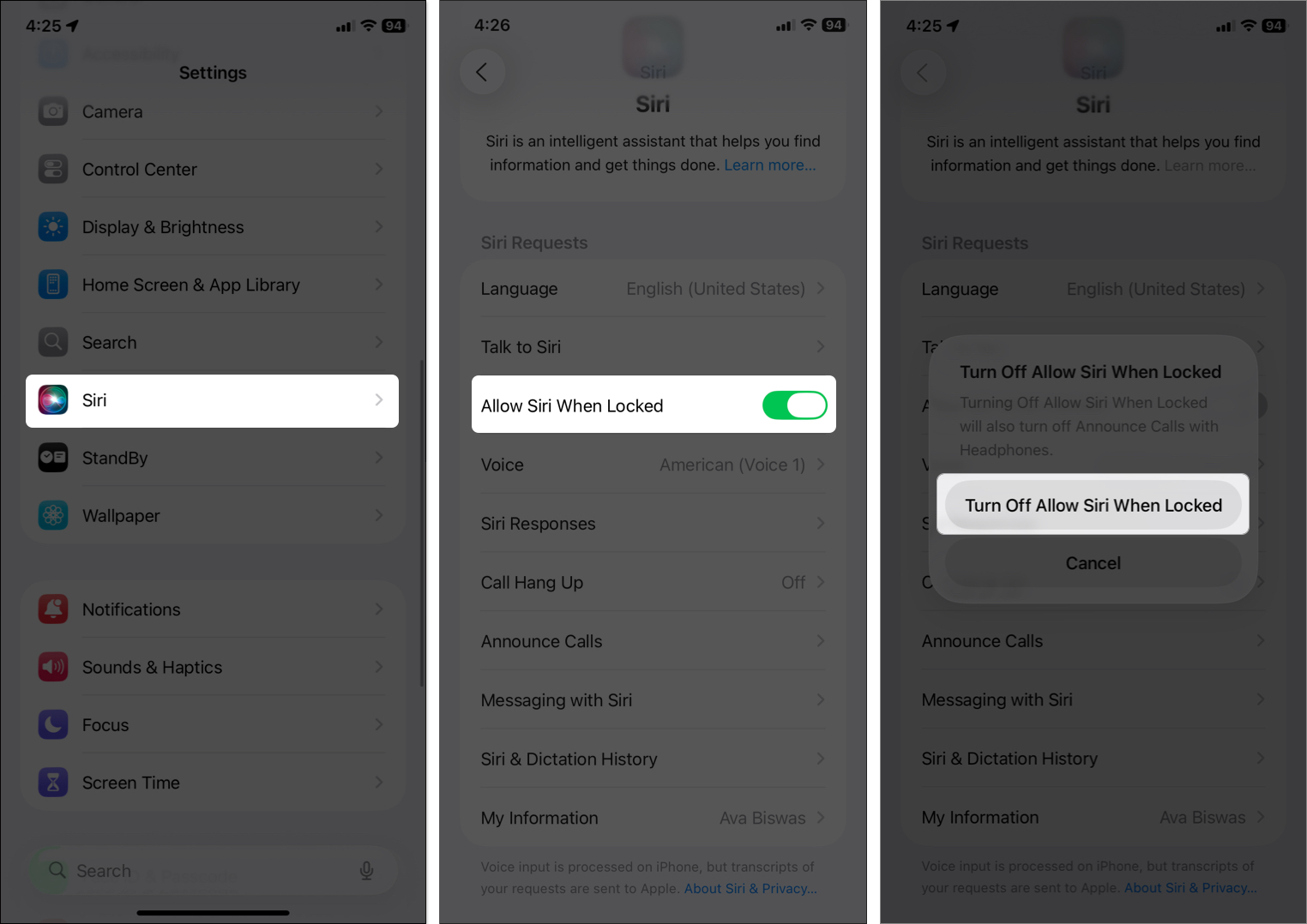 Open Siri setting on iPhone and turn off Siri when iPhone is locked
