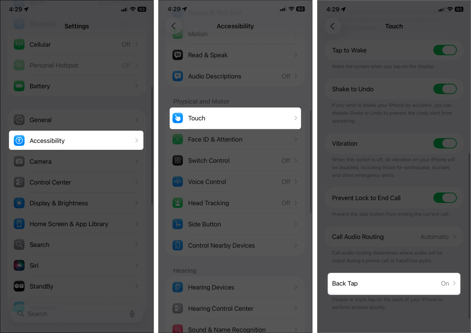 Open touch settings from accessibility then access back tap option
