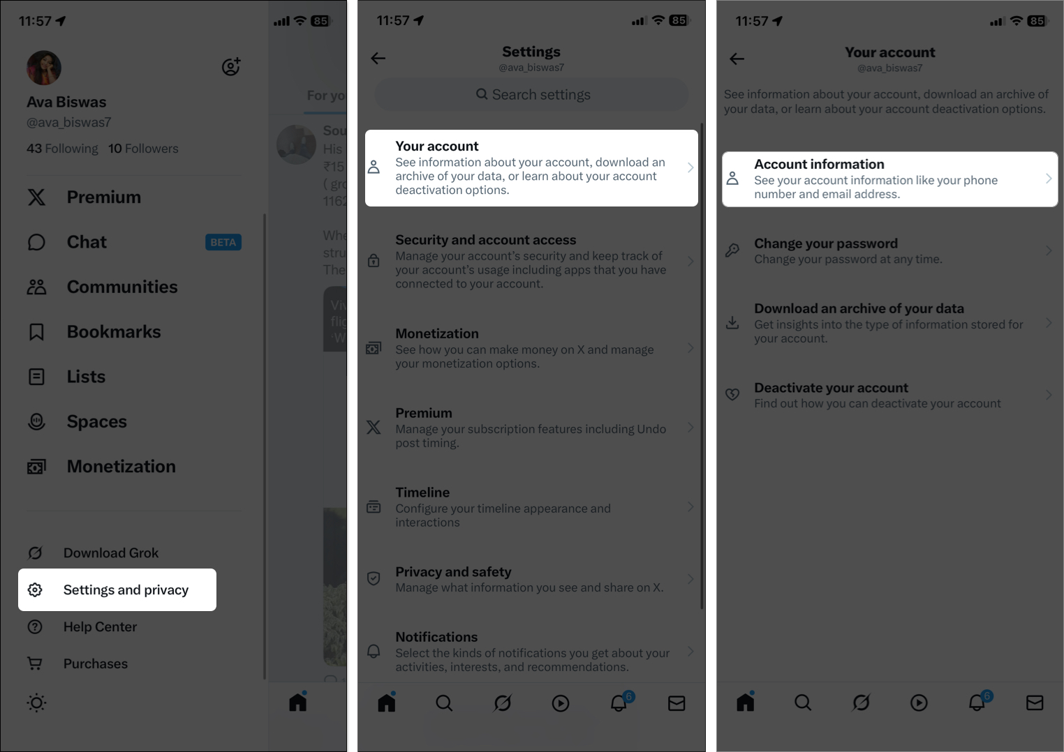 Open X app select settings and privacy settings