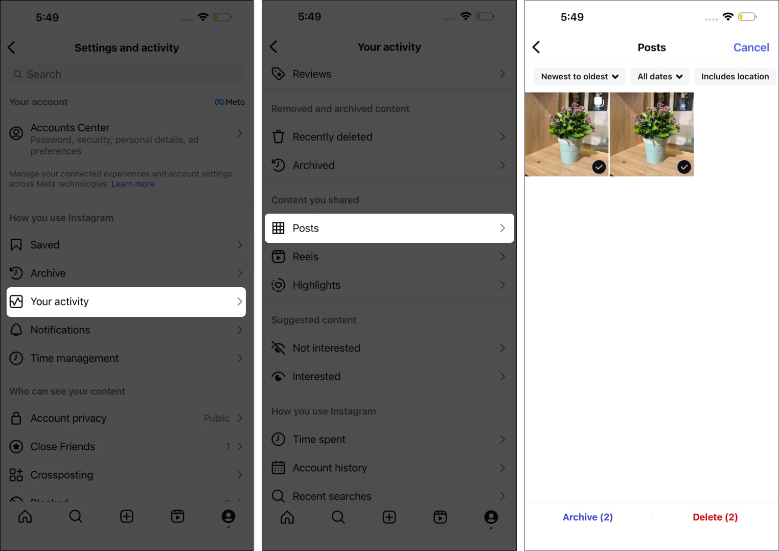 how to bulk select images to archive on Instagram