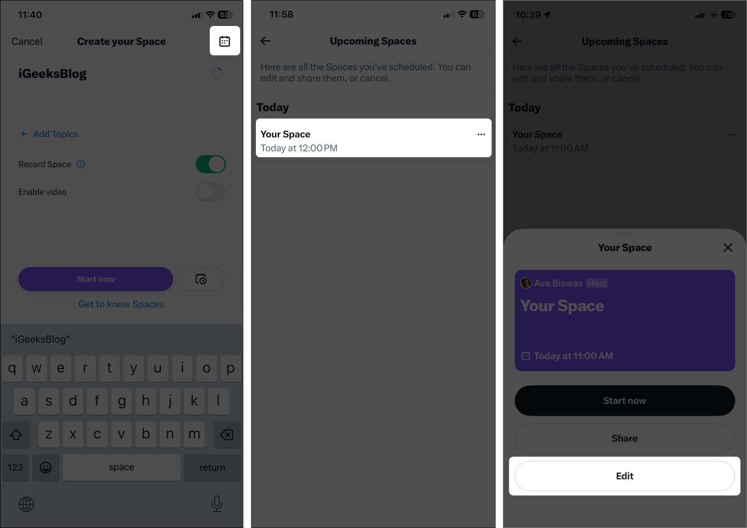 Select a scheduled space and tap edit