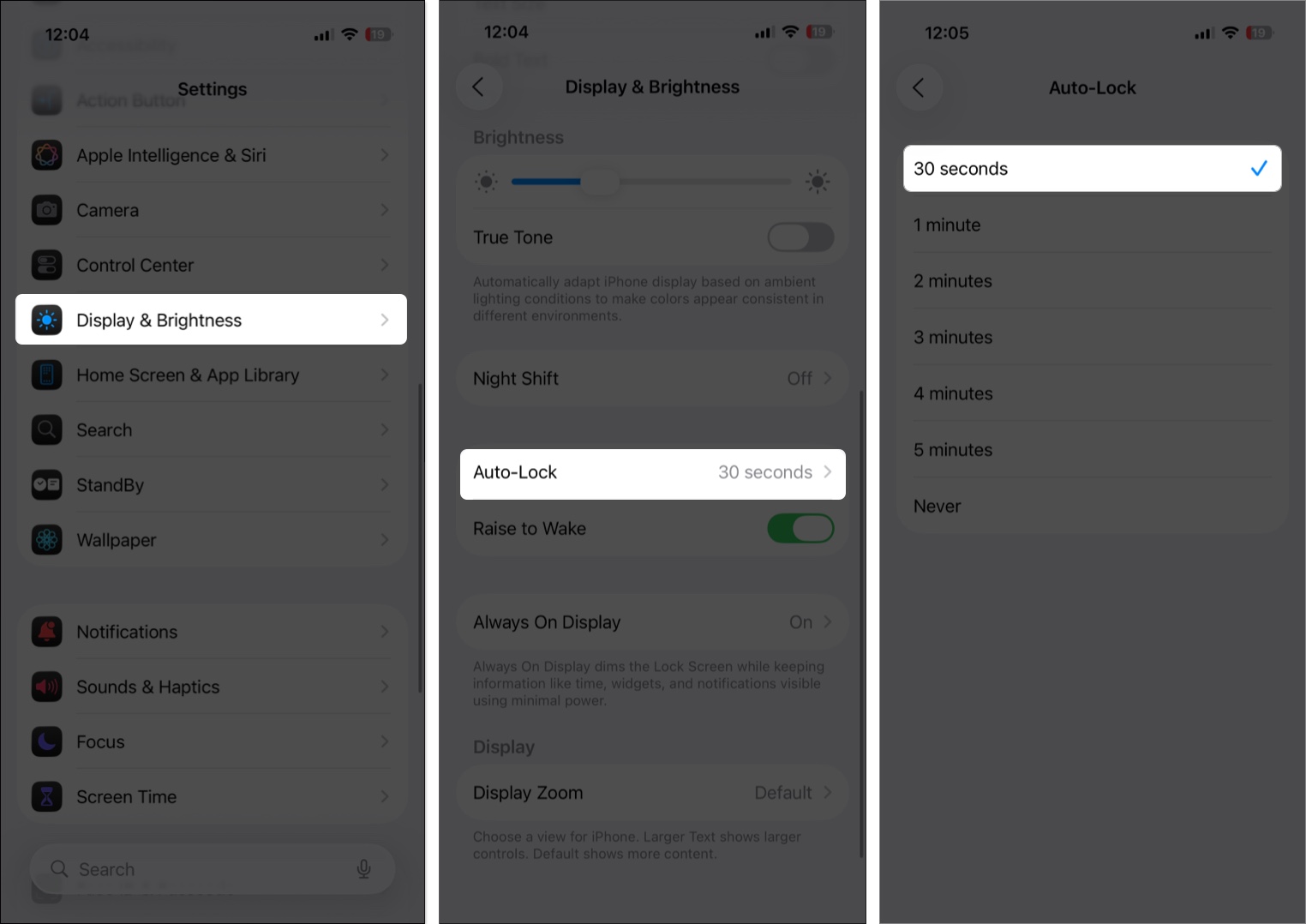 Set auto lock timer in iPhone settings