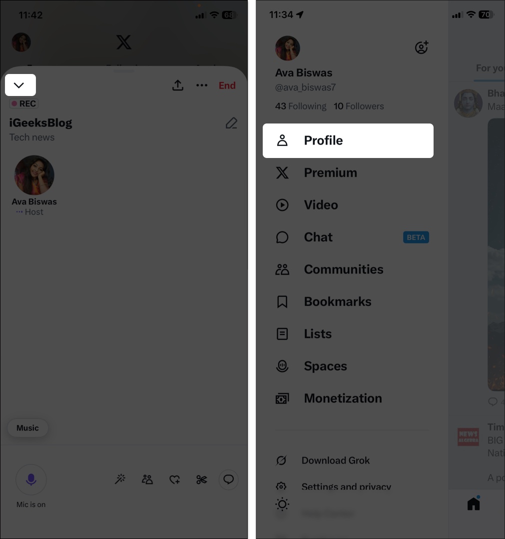 Tap down arrow then open your profile