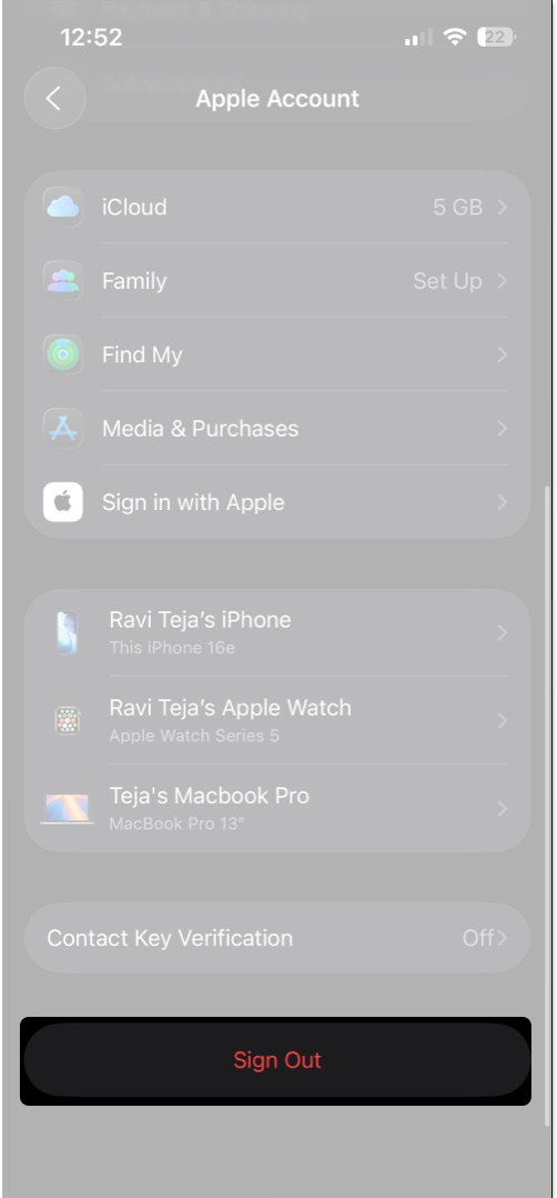 Tap on apple accounts and get sign out option in iPhone settings