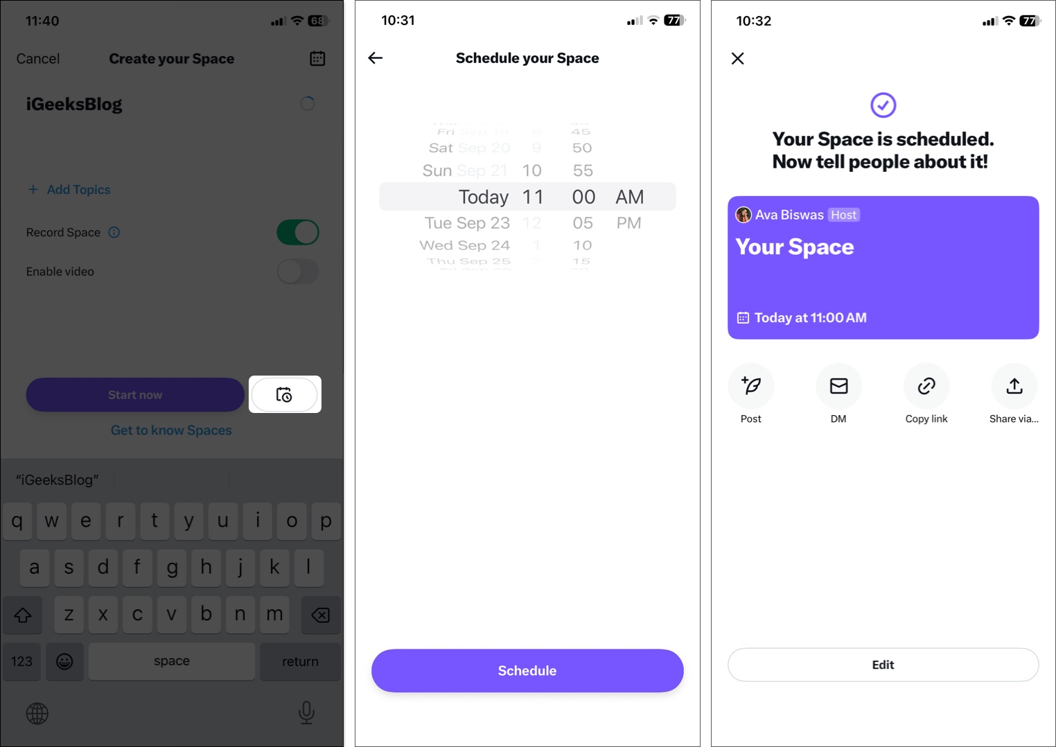 Tap on calendar icon then choose timing