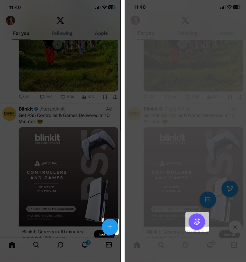 Tap plus icon then select mice to create space