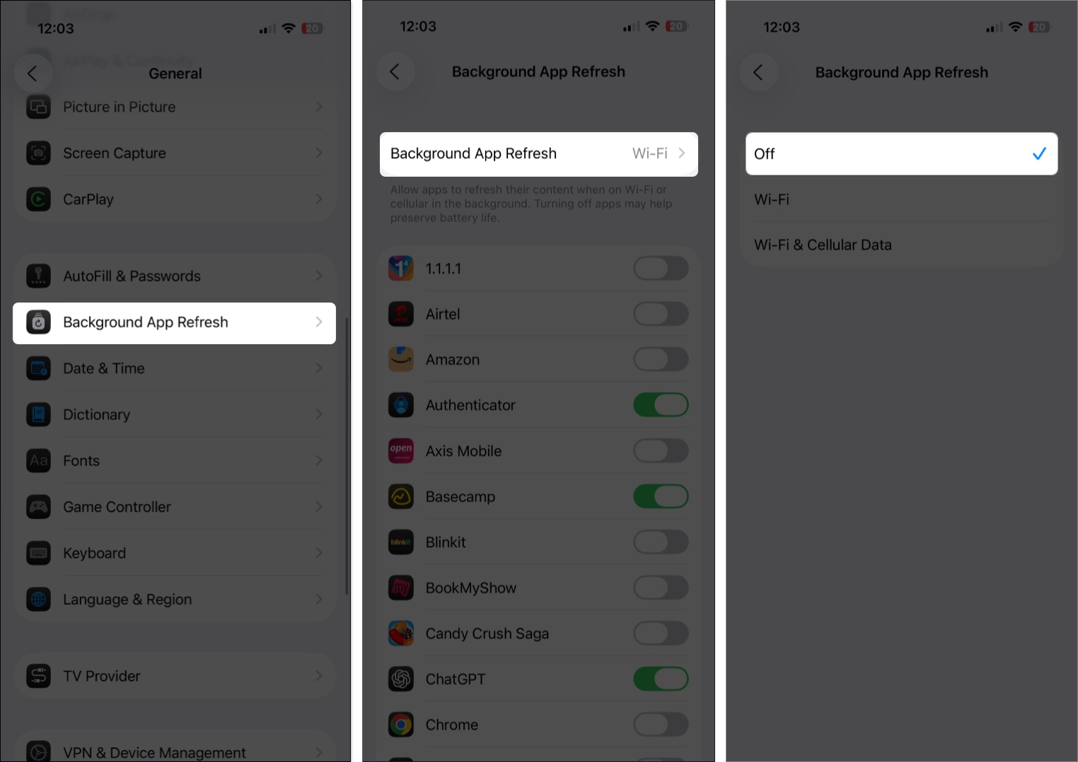 Toggle off background app refresh from iPhone settings