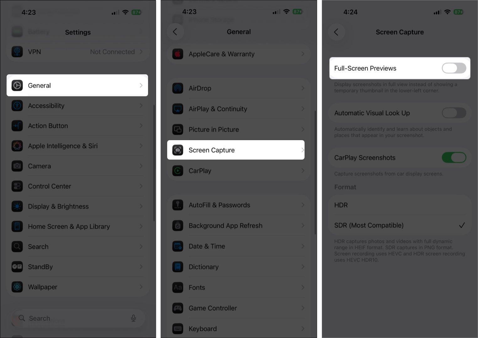 Toggle off full screen preview from iPhone settings