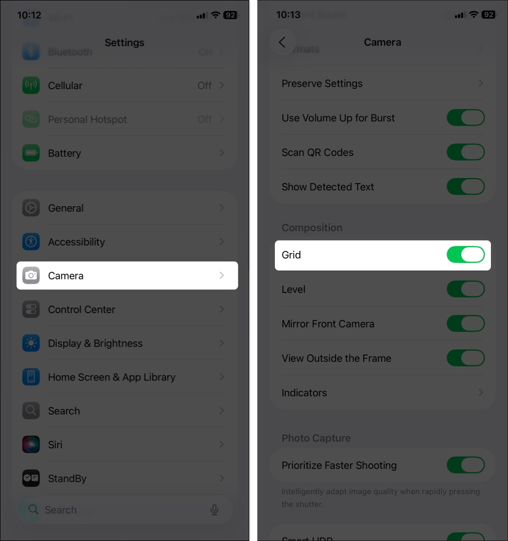 Toggle on grid option from camera settings on iPhone