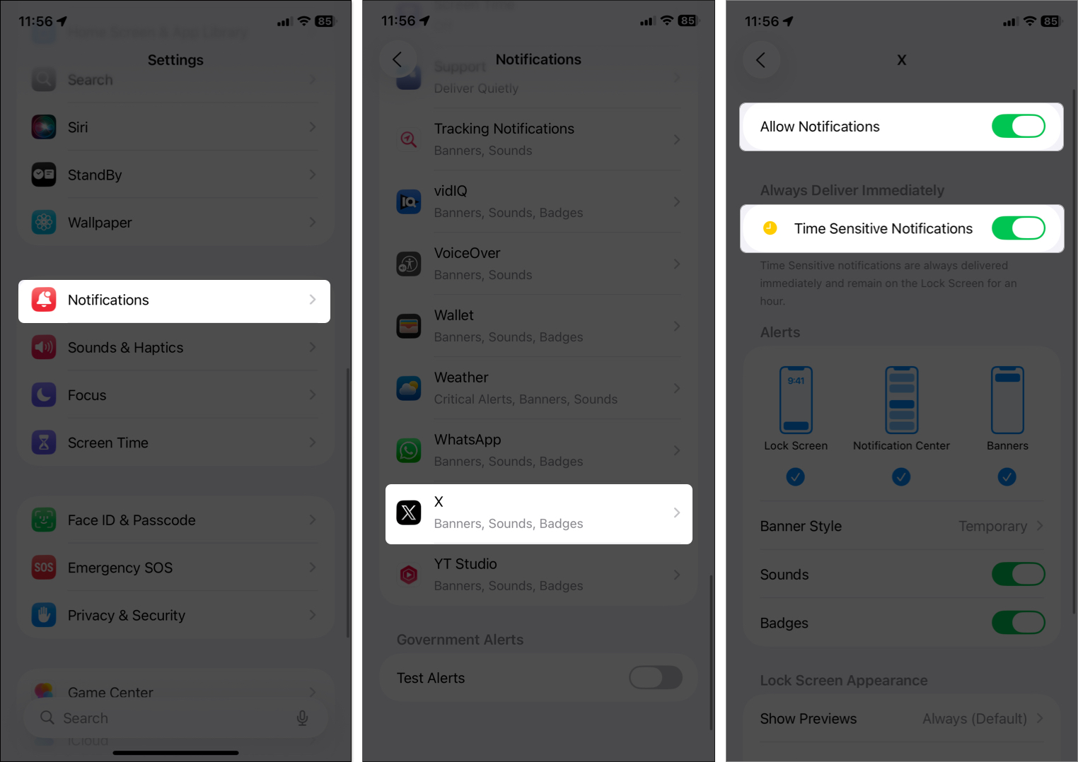 Toggle on notification for X app from iPhone settings