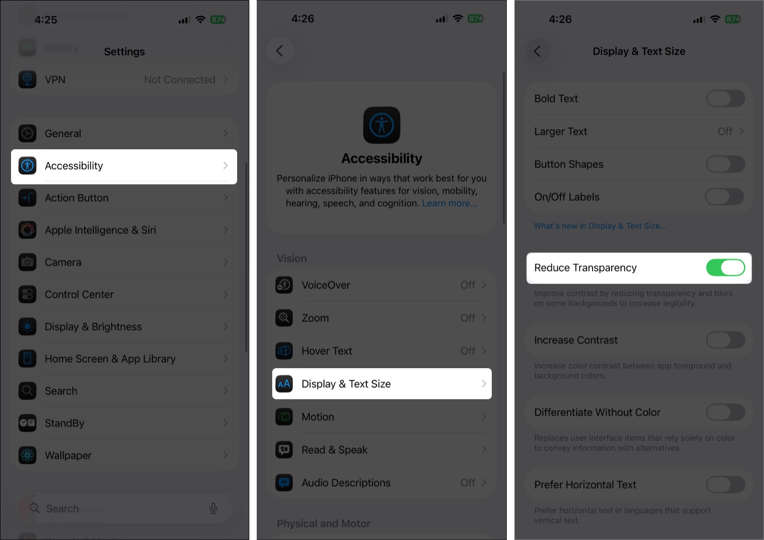 Toggle on reduce transparency from accessibility settings on iPhone