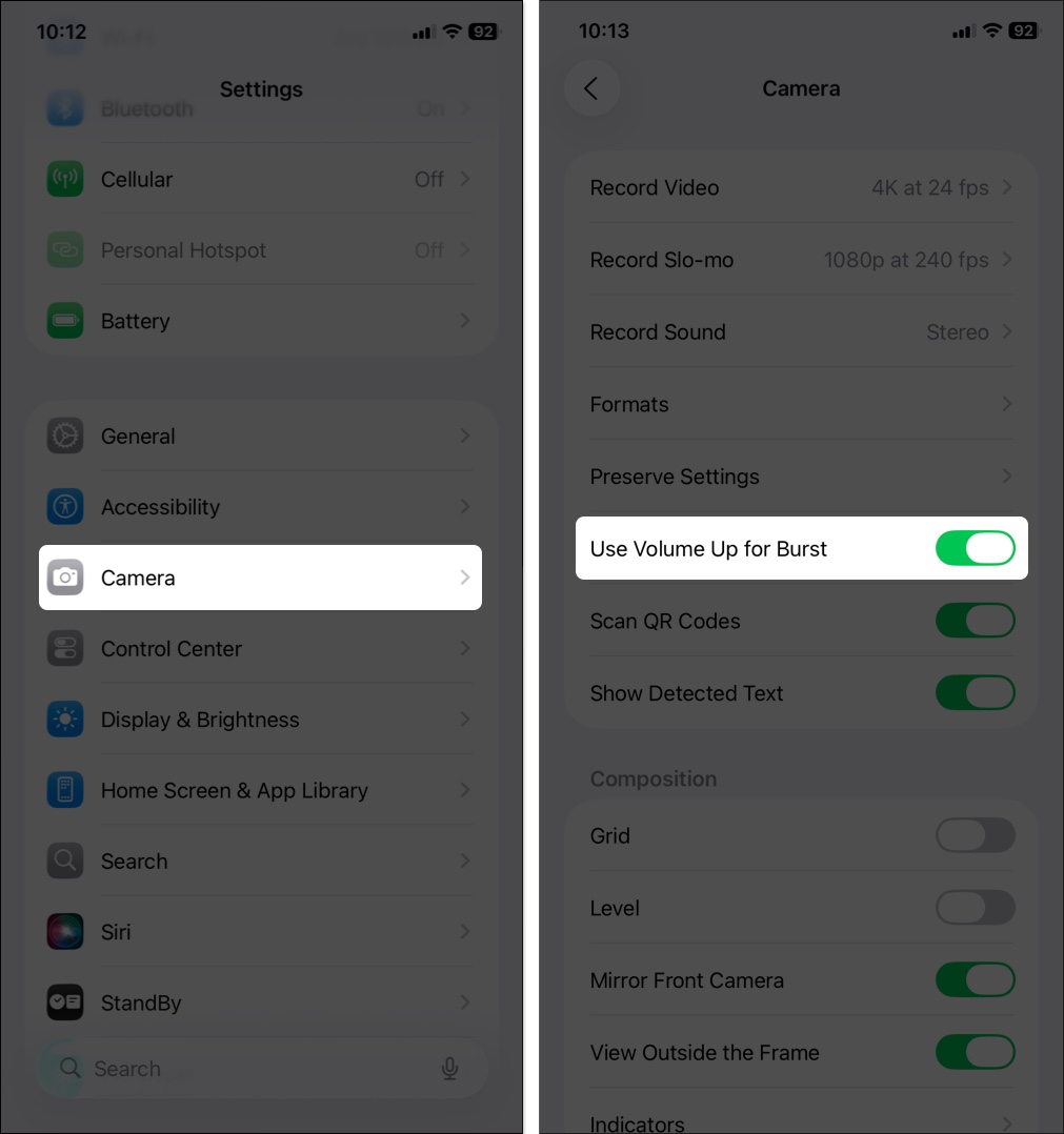 Toggle on use volume up burst in camera settings