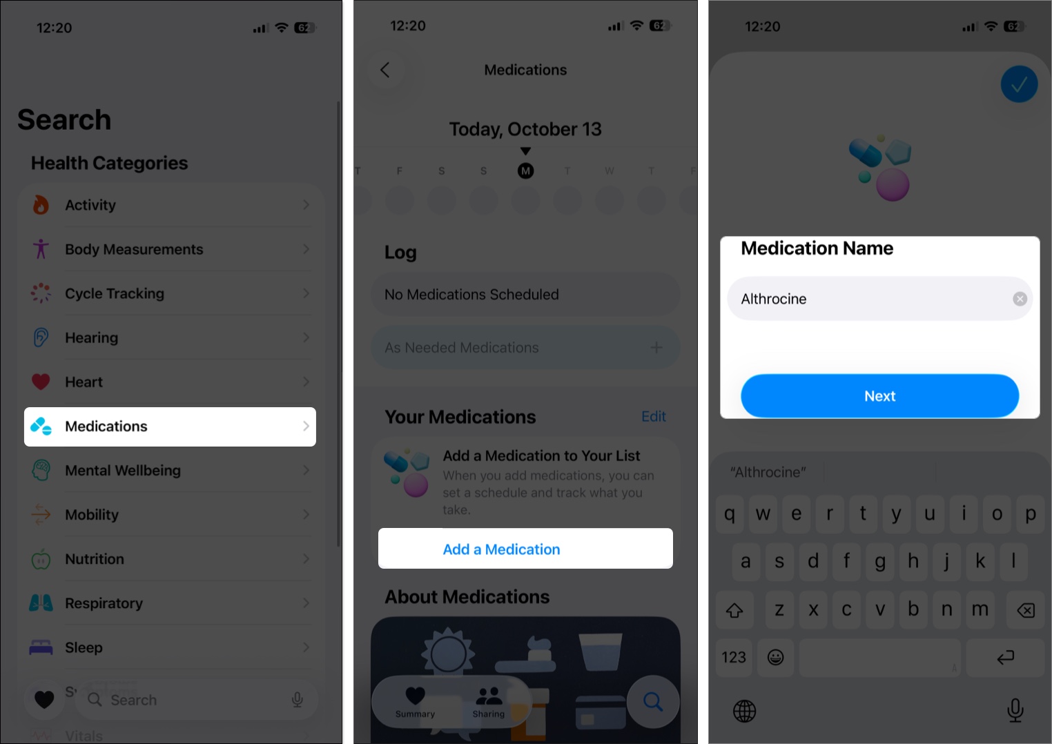 Add a Medication option under Medications in Health app