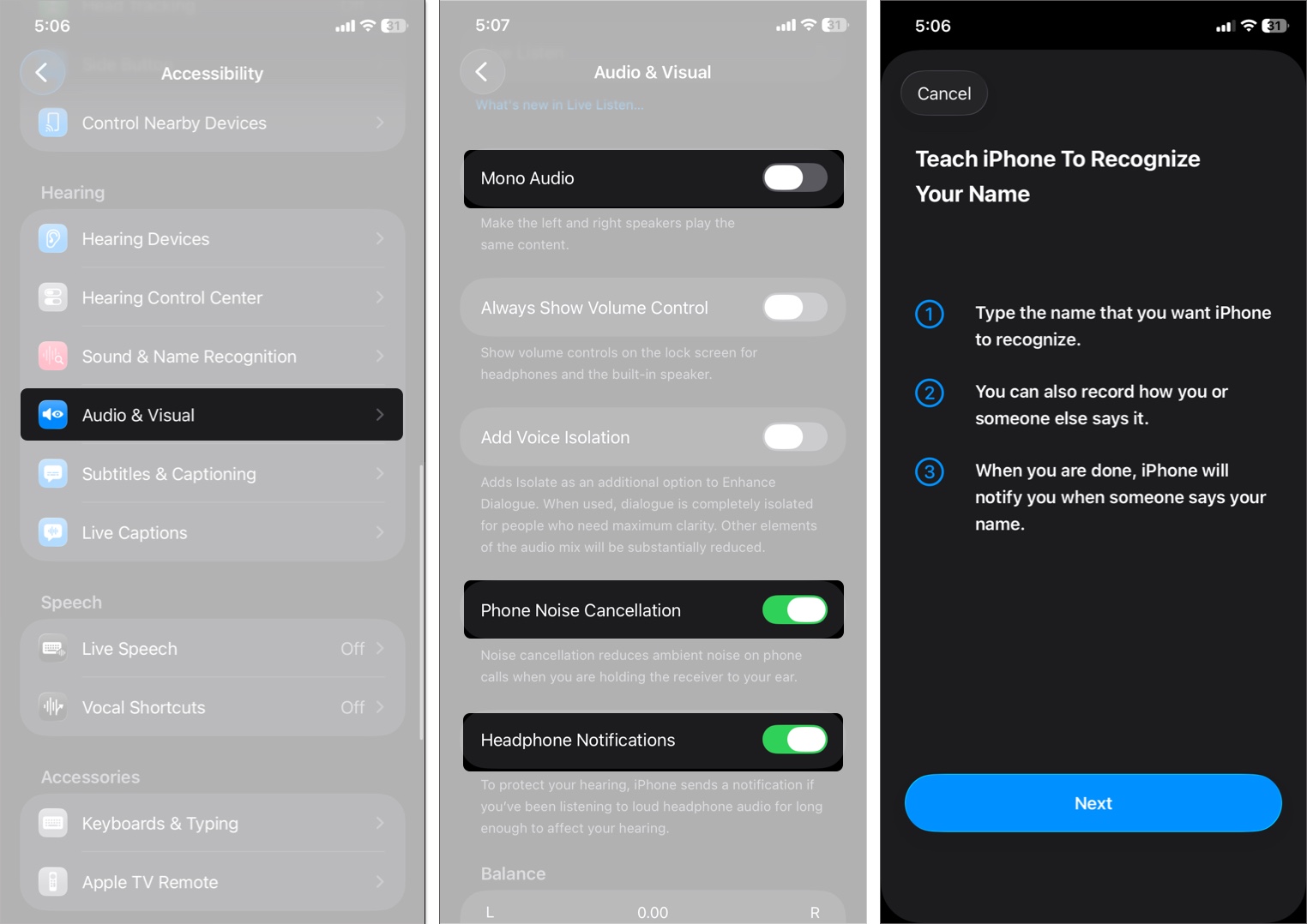Adjust Audio/Visual settings on iPhone