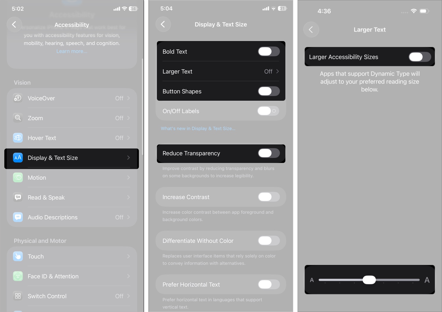 Adjust Text Size, Button Shapes in Accessibility from iPhone