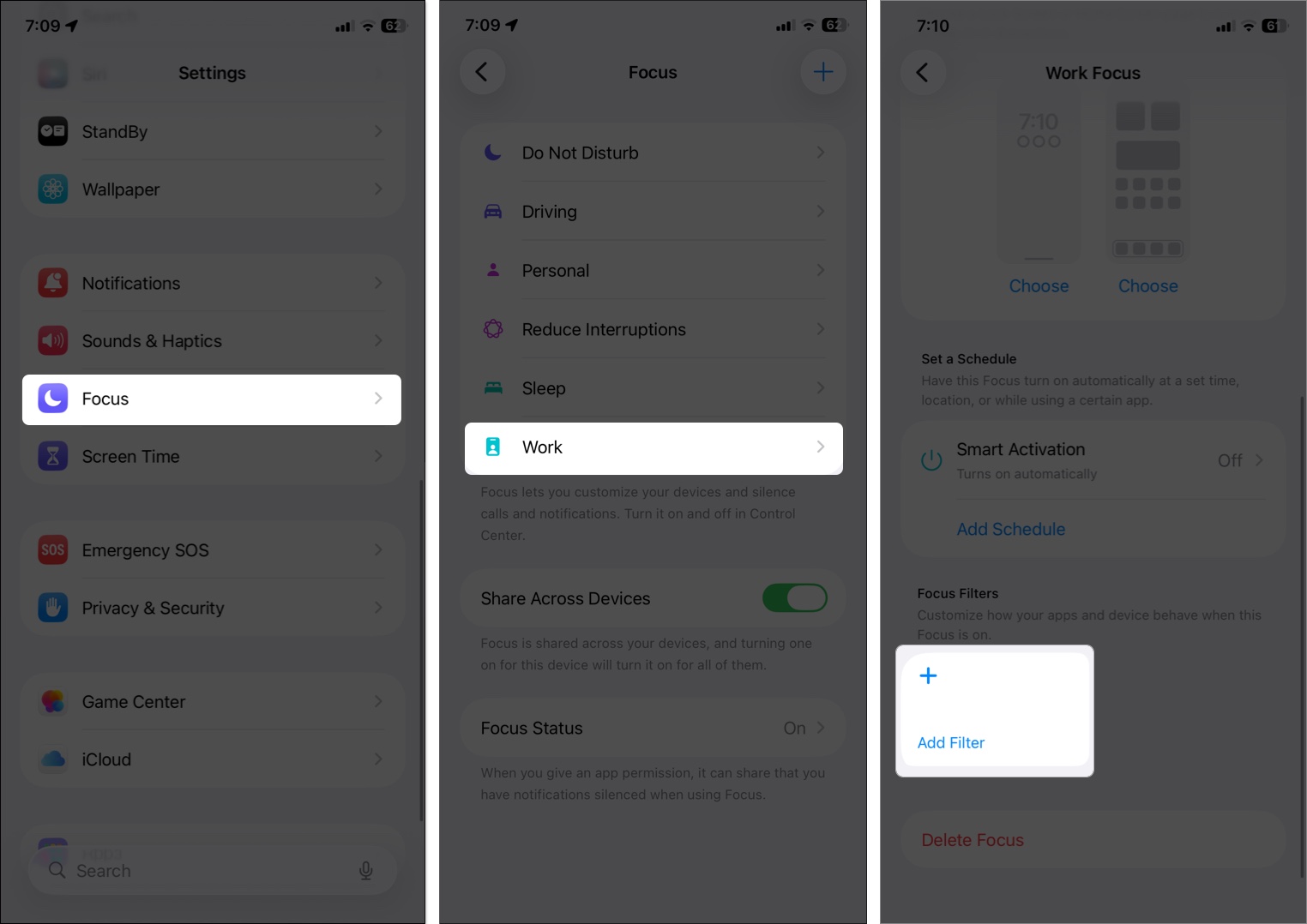 Open Settings > Focus and select a Focus mode.