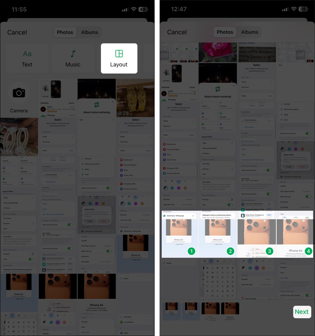 Choose the images you want to share and tap Next