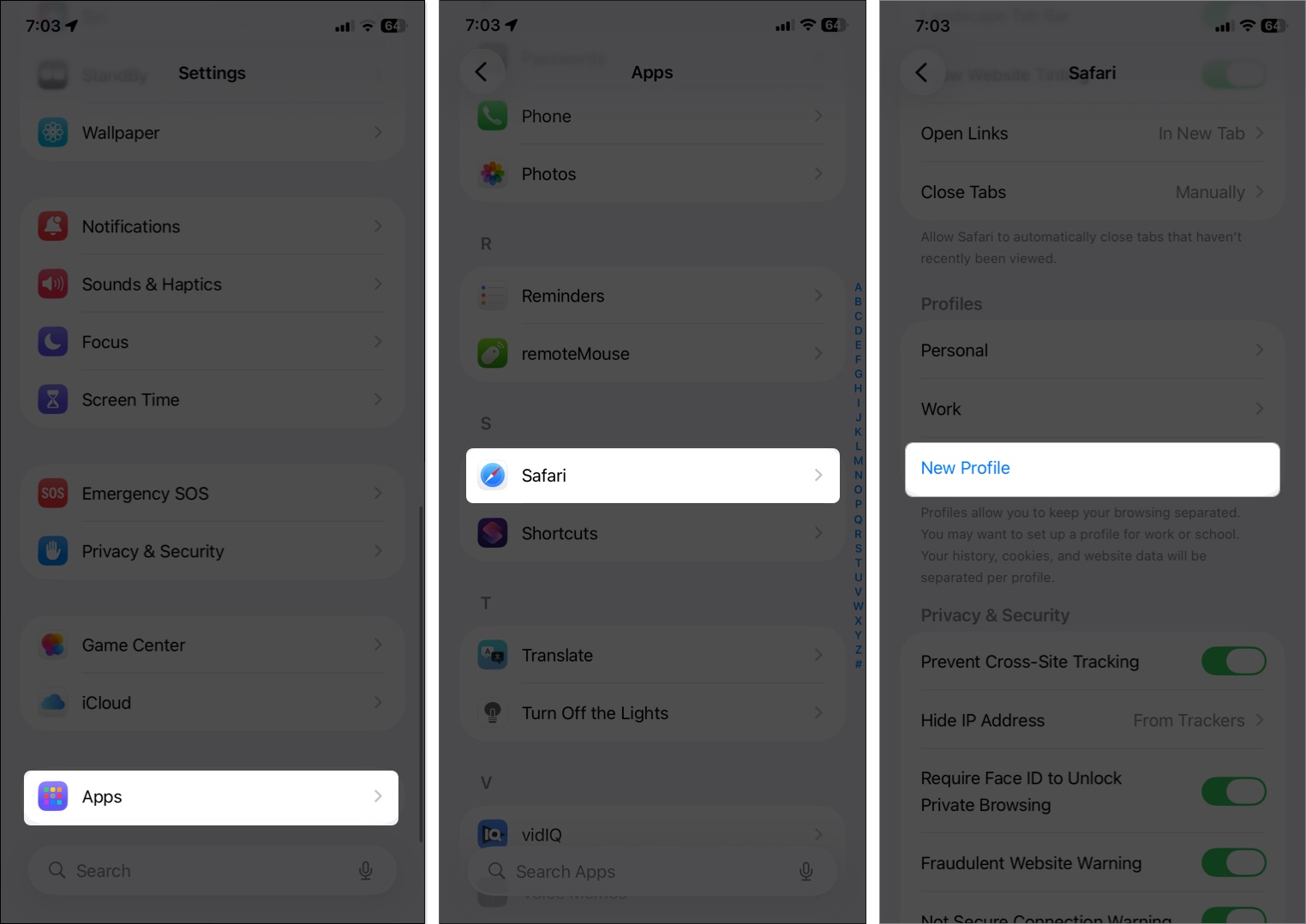 Open Settings, tap on Apps, select Safari and tap New Profile.