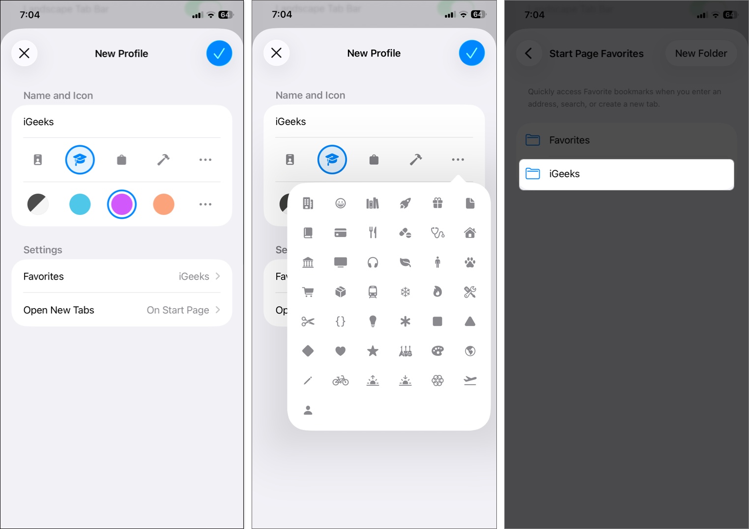 To customize your profile enter a name (e.g., "Work"), choose an icon and color. Tap the three-dot icon to access more options.