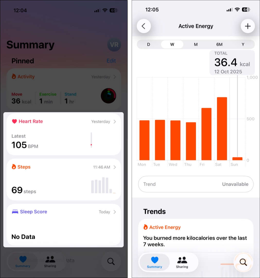 Customized Health app dashboard on iPhone