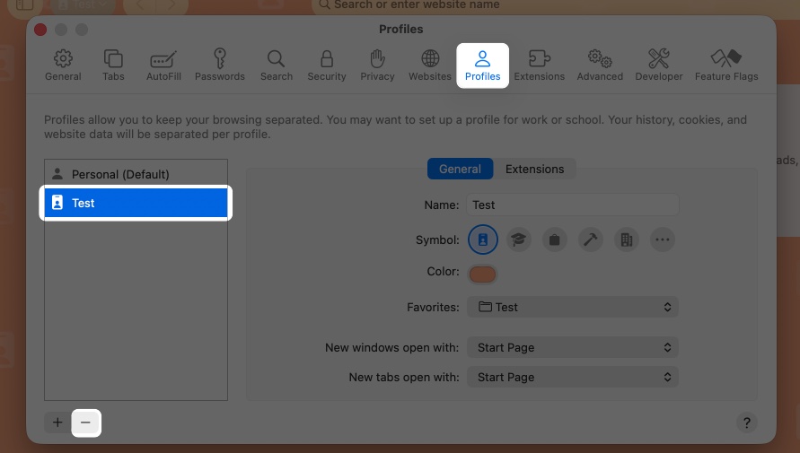 Select the profile and click the minus (–) button at the bottom.