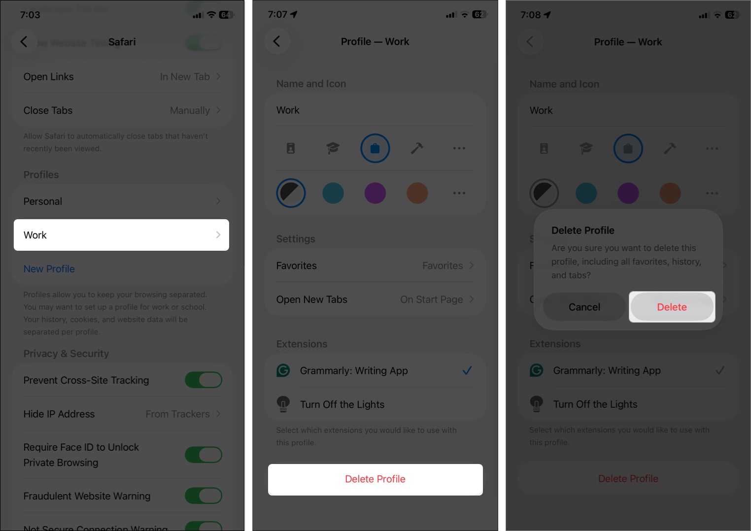 Tap Delete Profile at the bottom and select Delete to confirm.