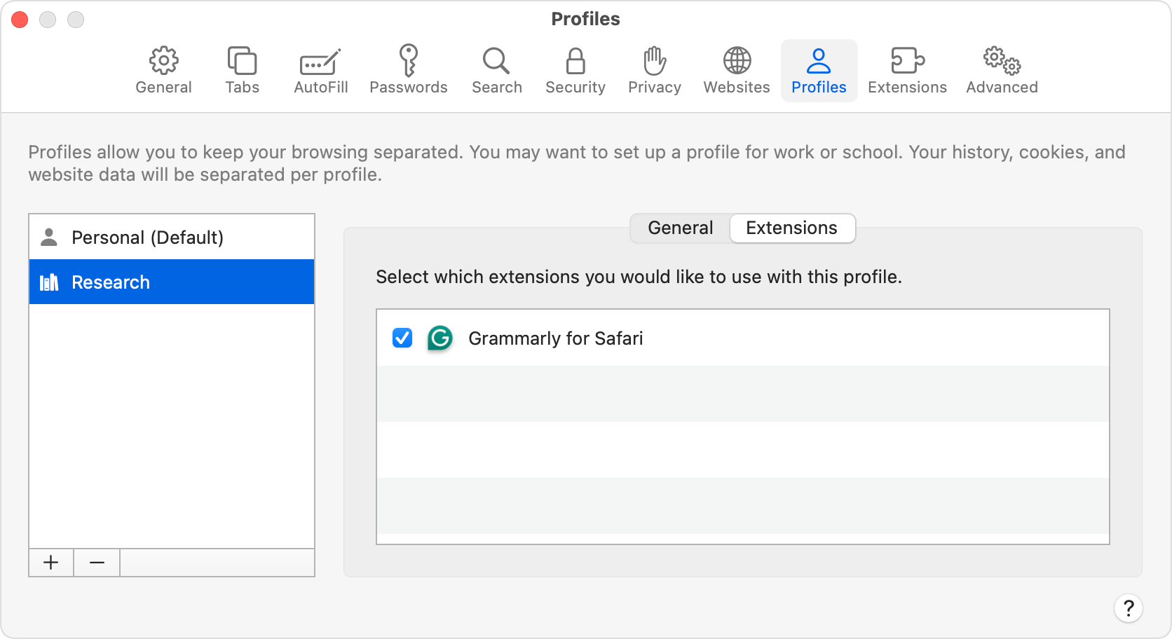 Check the box next to the extensions that you want to use in the profile.